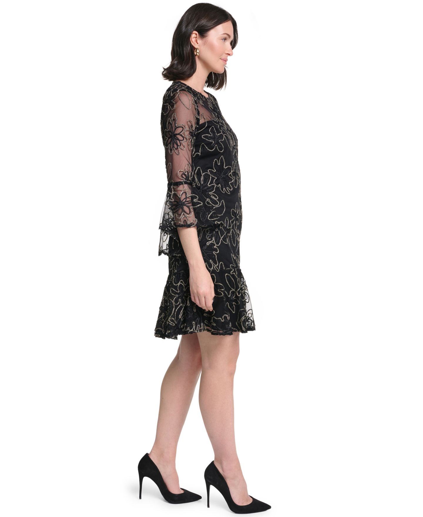 Женское платье Jessica Howard Petite Floral-Print Bell-Sleeve A-Line, цвет: Чёрный / Золотой — фото 3