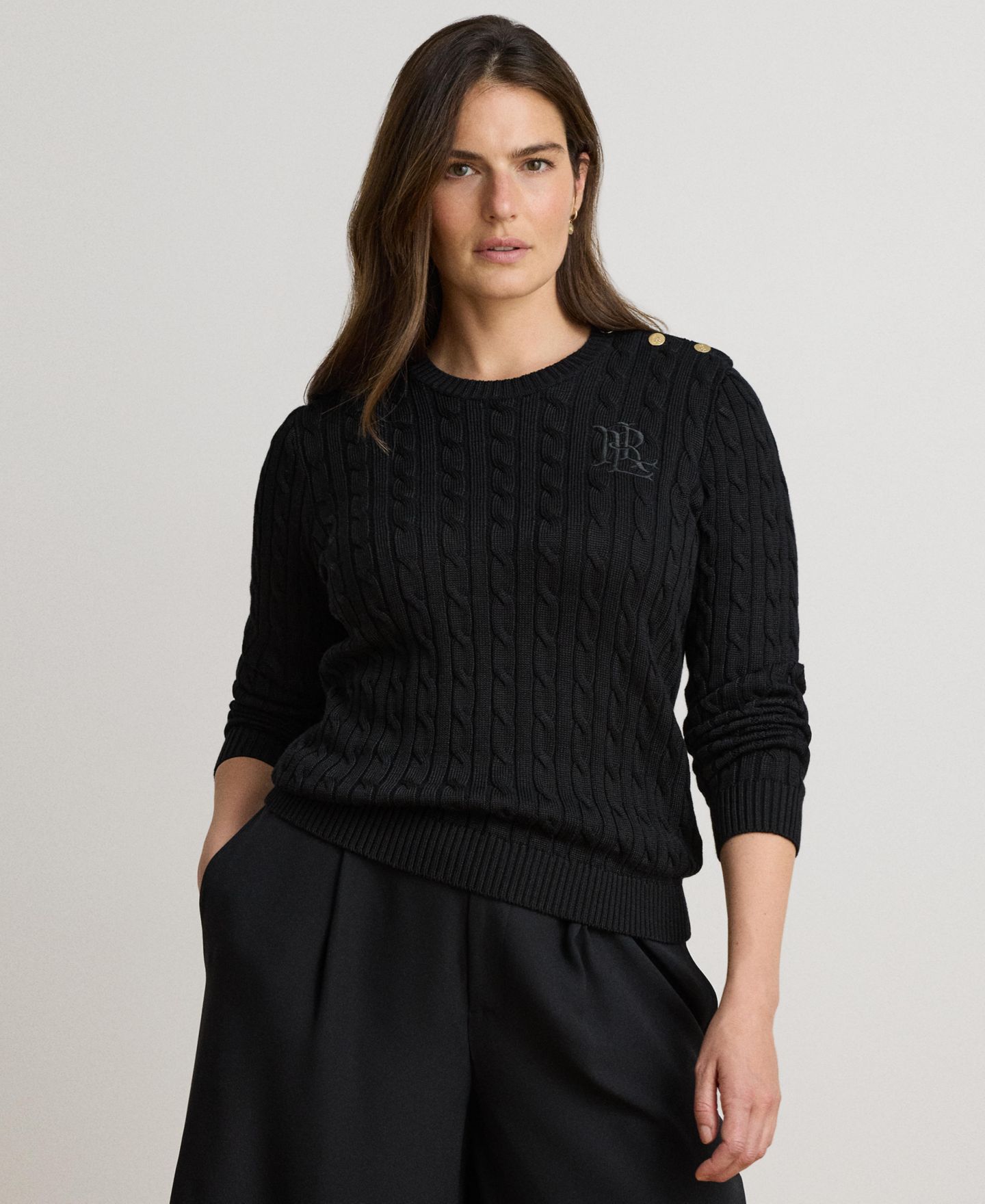 Женский свитер Lauren Ralph Lauren Button-Trim Cable-Knit, цвет: Чёрный — фото 3