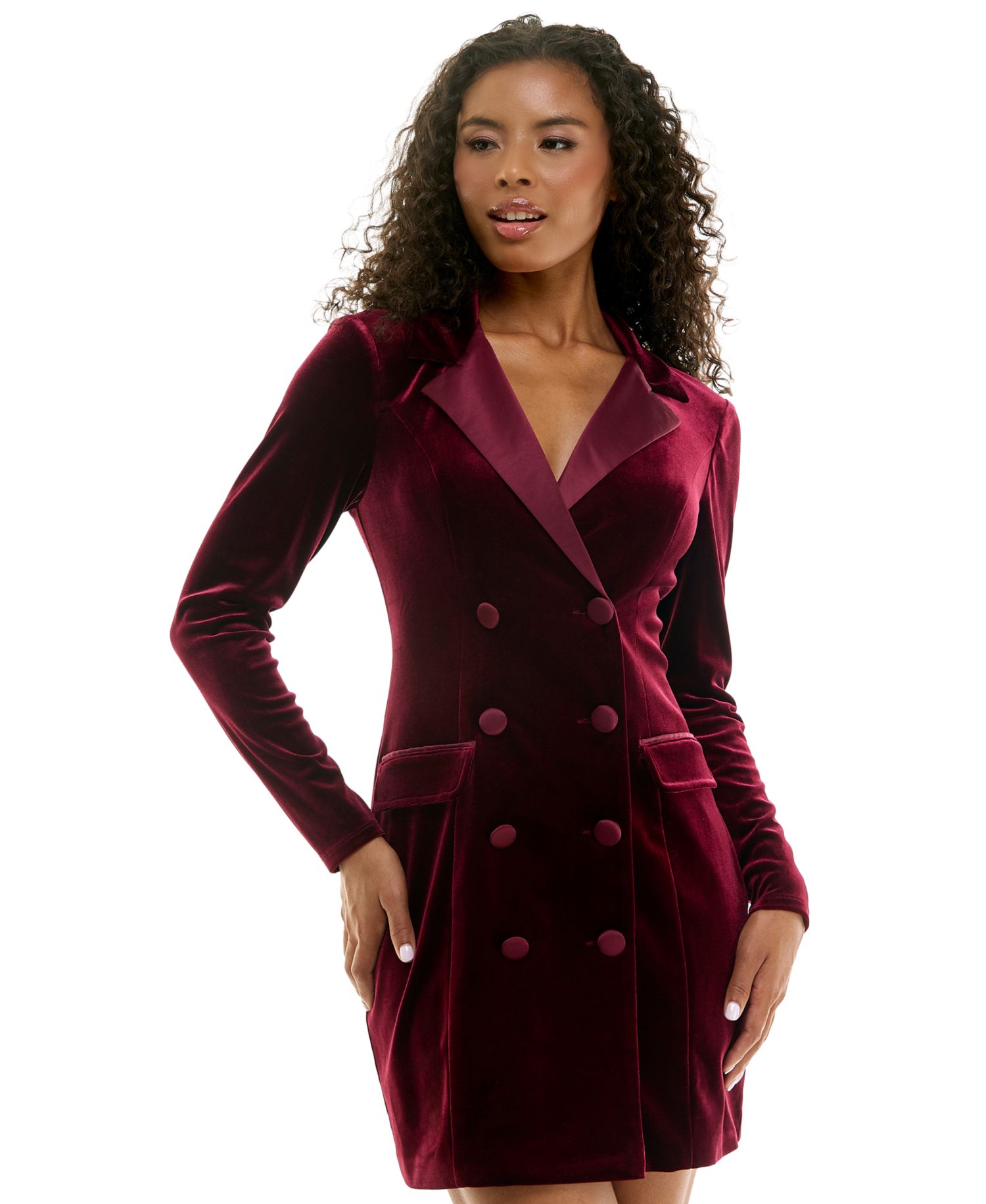 Juniors' Notch-Lapel Tuxedo-Style Velvet Dress