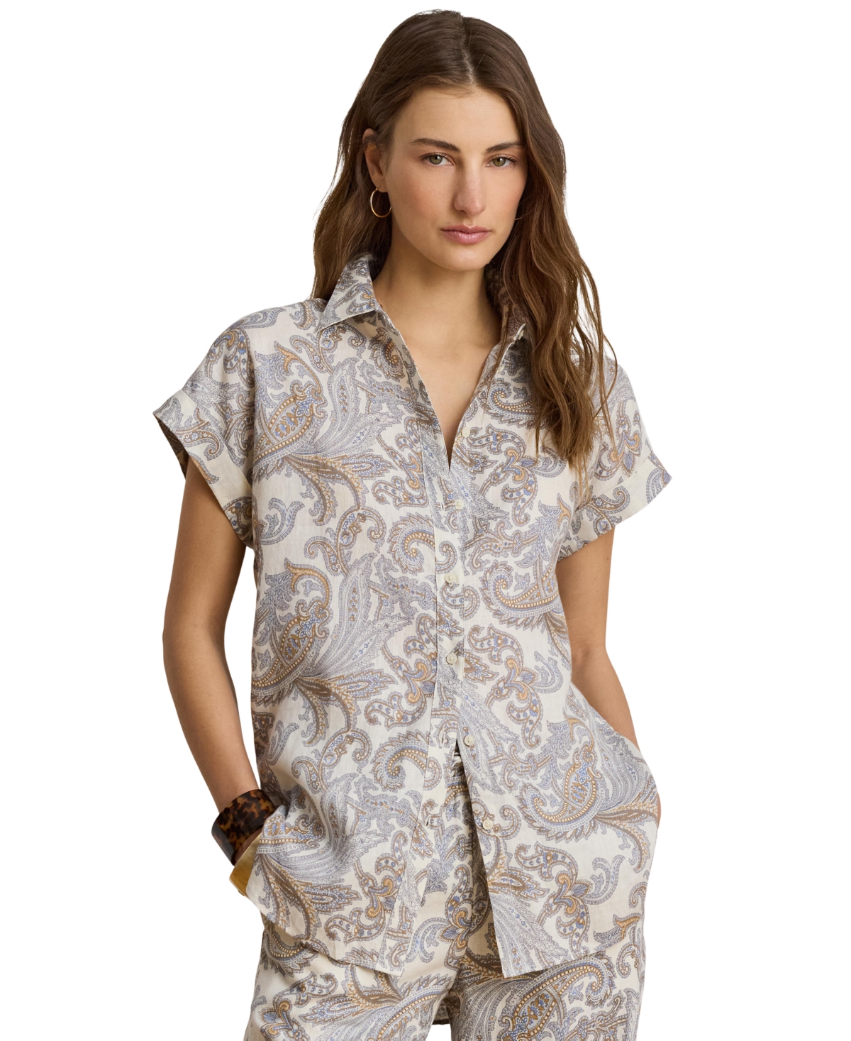 Lauren Ralph Women's Buttoned Placket Short-Sleeve Shirt