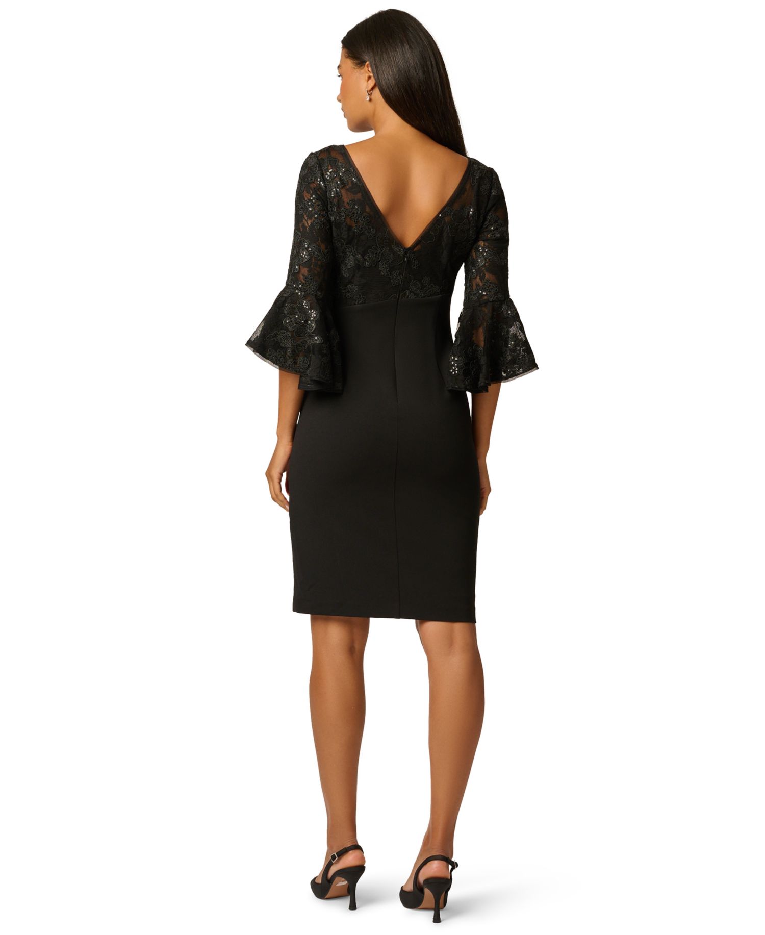 Petite Wedding Guest Sequin-Embellished Floral-Lace Tiered Bell Sleeve Dress