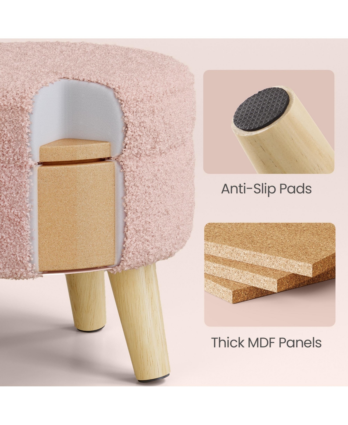 SongmicsHome Round Ottoman, Foot Rest with Wood Legs, Small Table, for Hallway, Living Room, Teddy Fleece