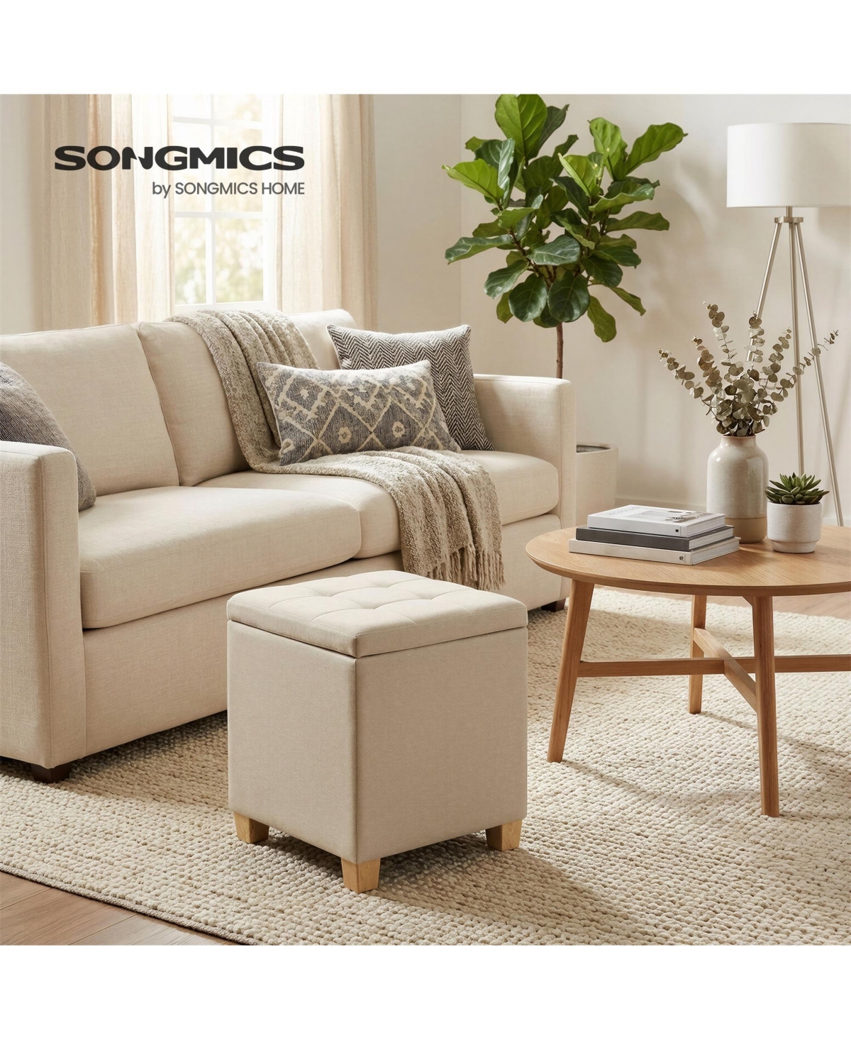 SongmicsHome Ottoman Cube with Hinged Lid, Storage Ottoman, Foot Stool Footrest, Linen-Look Fabric