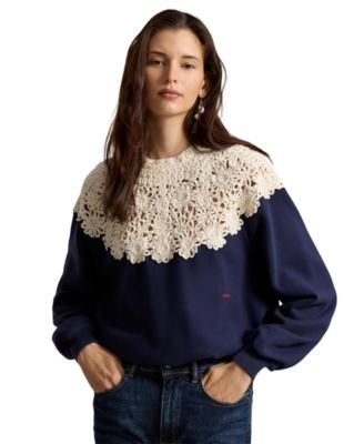 Women's Crocheted-Yoke Crewneck Pullover Sweatshirt