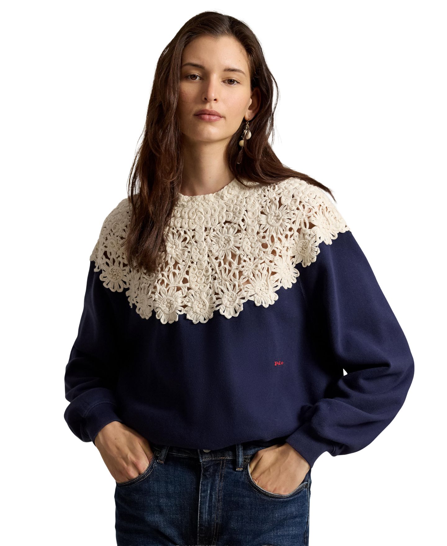 Женский свитшот Polo Ralph Lauren с кроше на кокетке и круглым вырезом, цвет: Тёмно-синий — фото 1