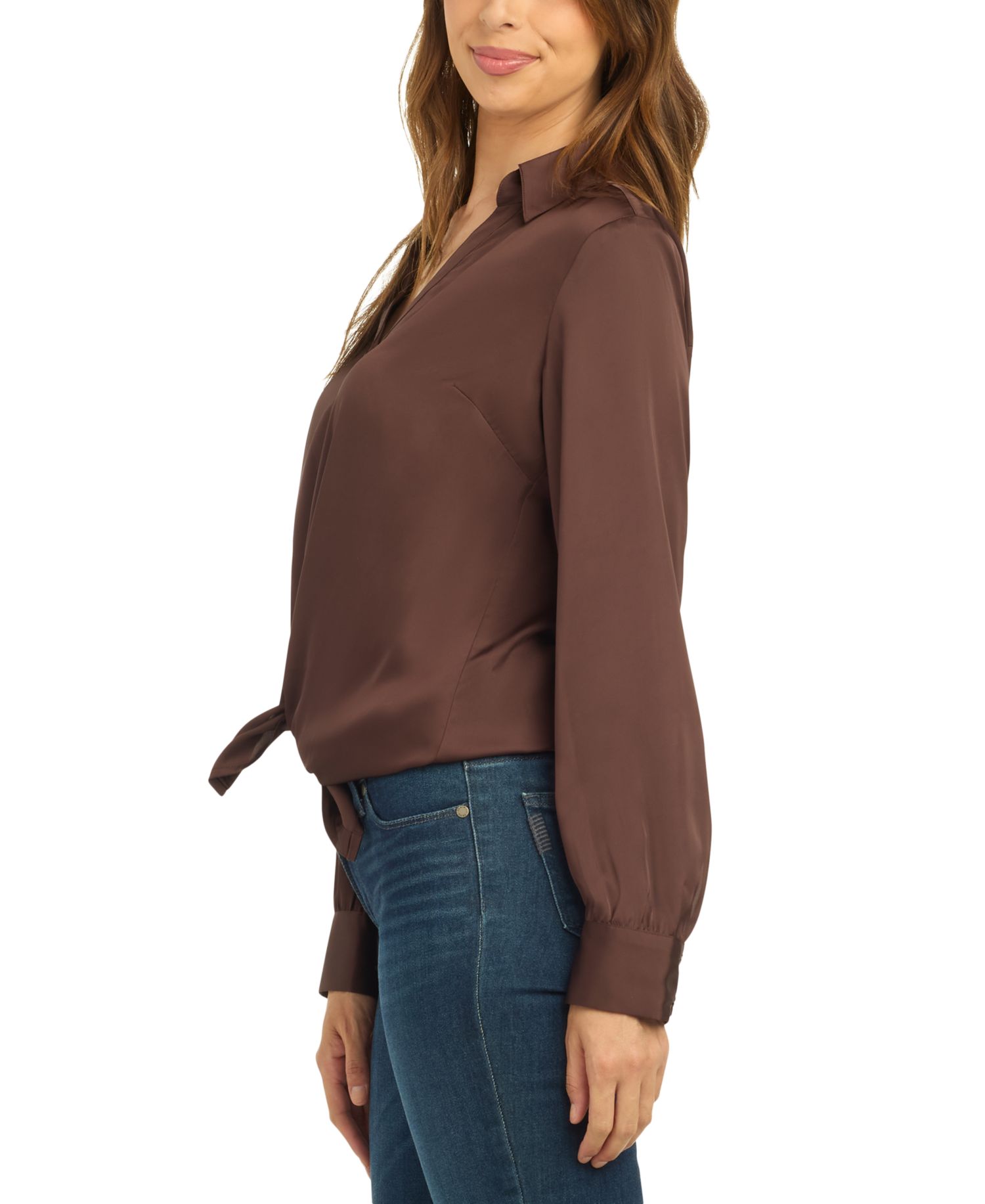 Juniors' Long-Sleeve Button-Up Tie-Front Blouse