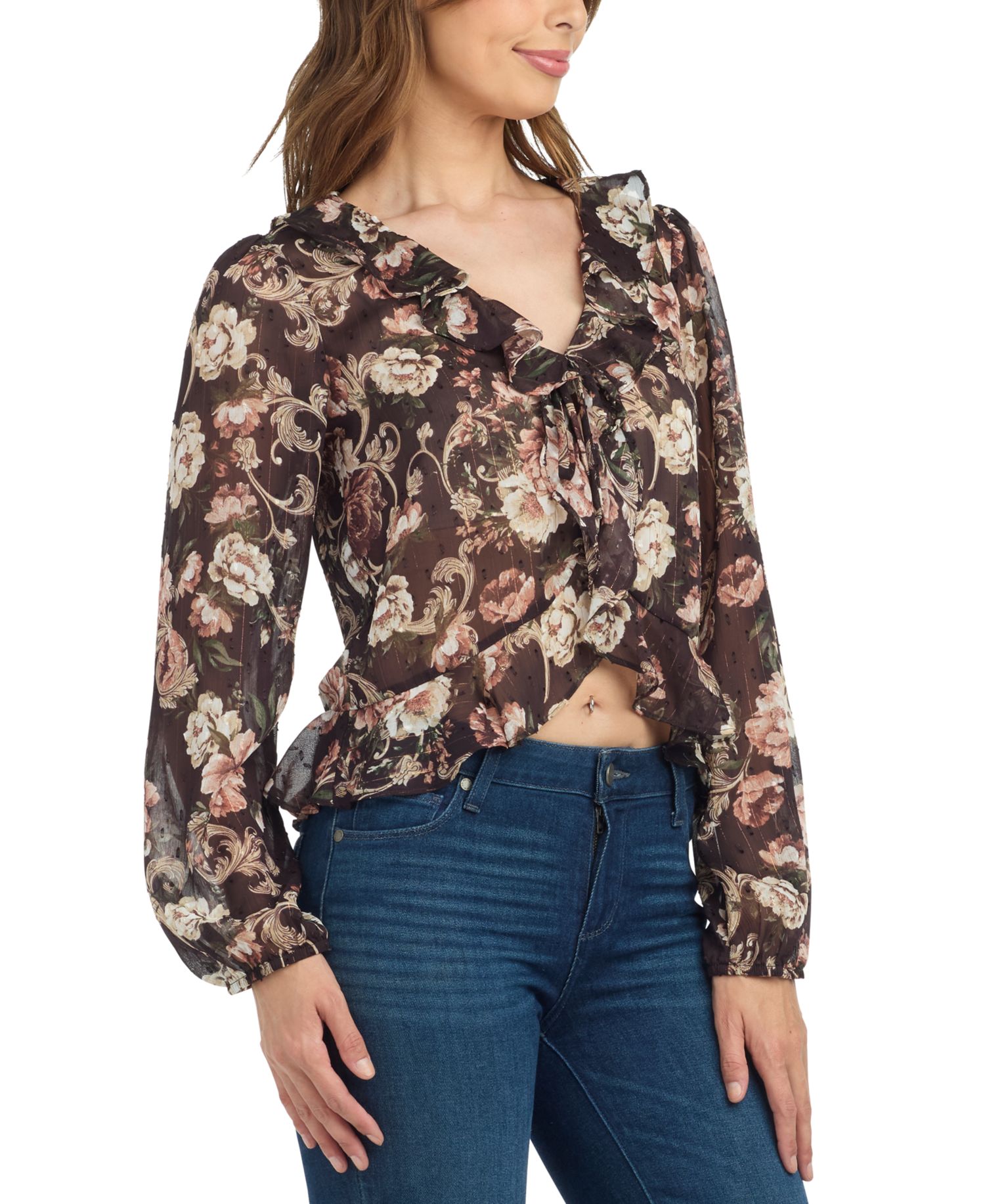 Juniors' Sheer Floral Chiffon Long-Sleeve Blouse