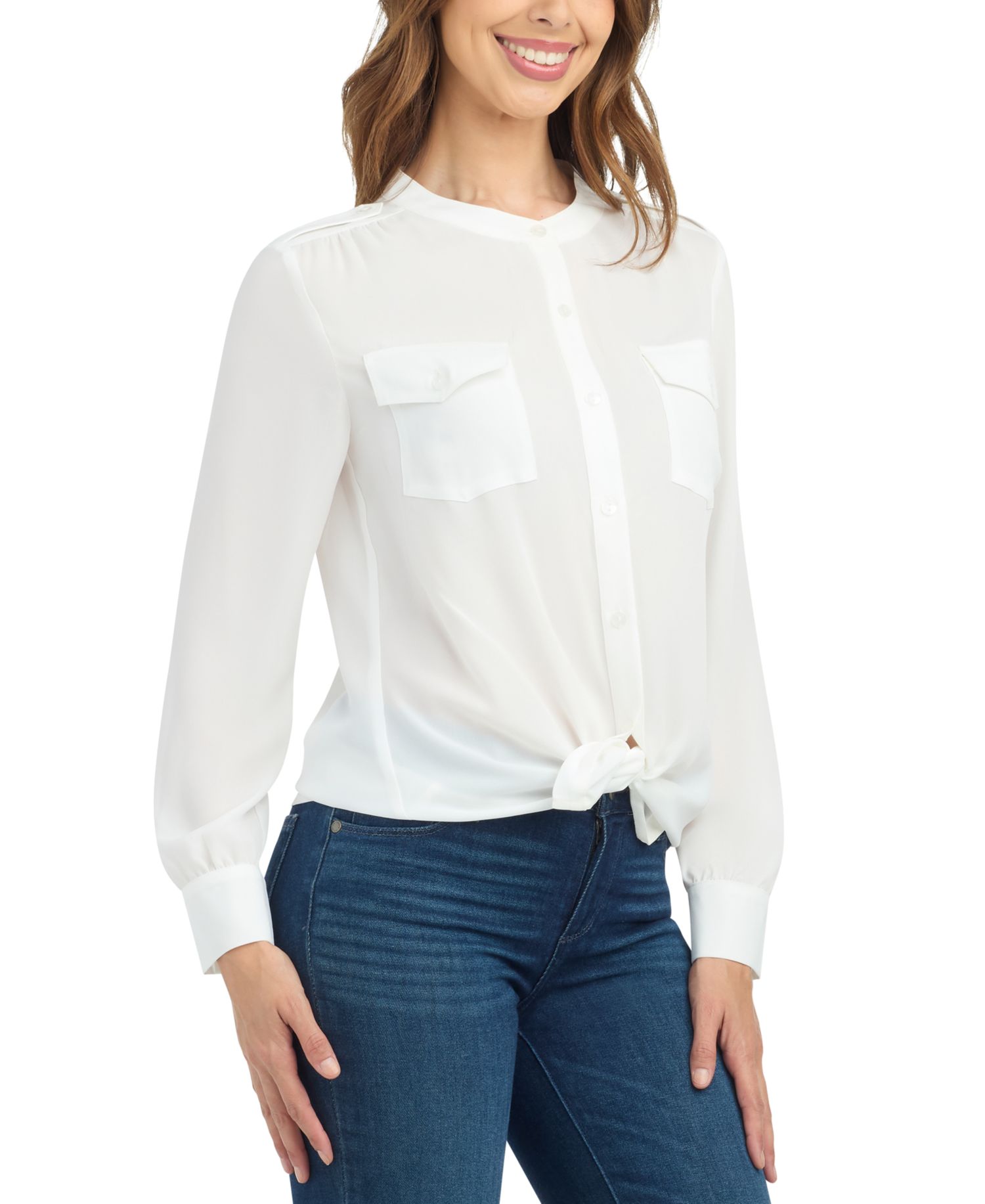 Juniors' Tie Front Long Sleeve Dobby Blouse