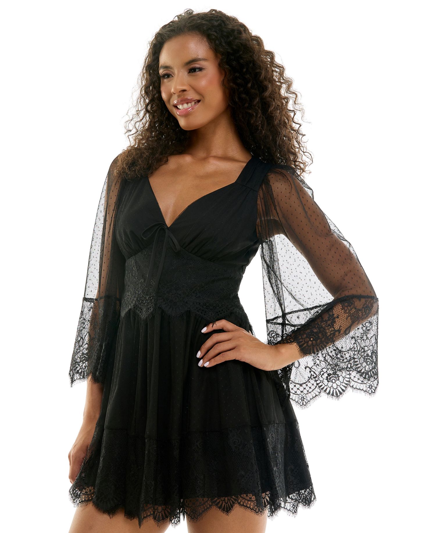 Juniors' Pin Dot Mesh Lace Babydoll Mini Dress
