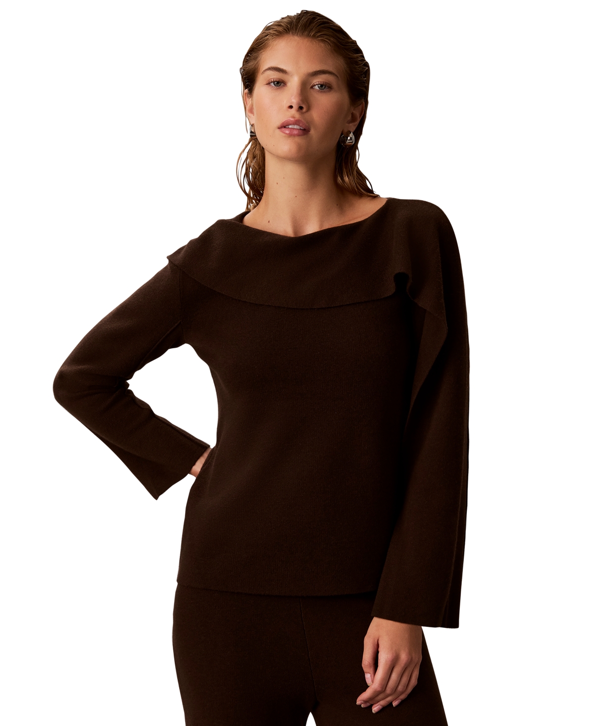 Calvin Klein Petite Asymmetrical Draping Long-Sleeve Bateau Neck Sweater - Dark Coffee