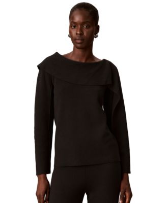 Petite Asymmetrical Drape Boat Neck Long-Sleeve Sweater