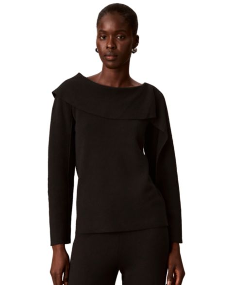 Женский свитер Calvin Klein Petite Asymmetrical Drape Boat Neck Long-Sleeve, цвет: Чёрный