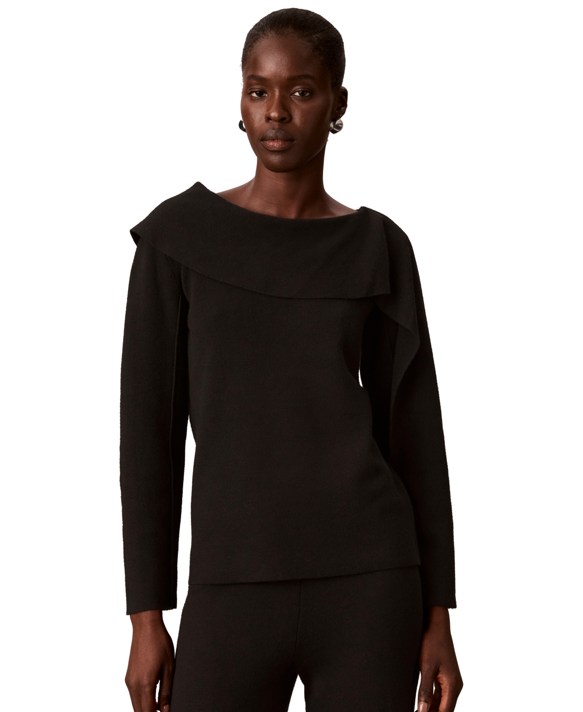 Calvin Klein Petite Asymmetrical Draping Long-Sleeve Bateau Neck Sweater - Black