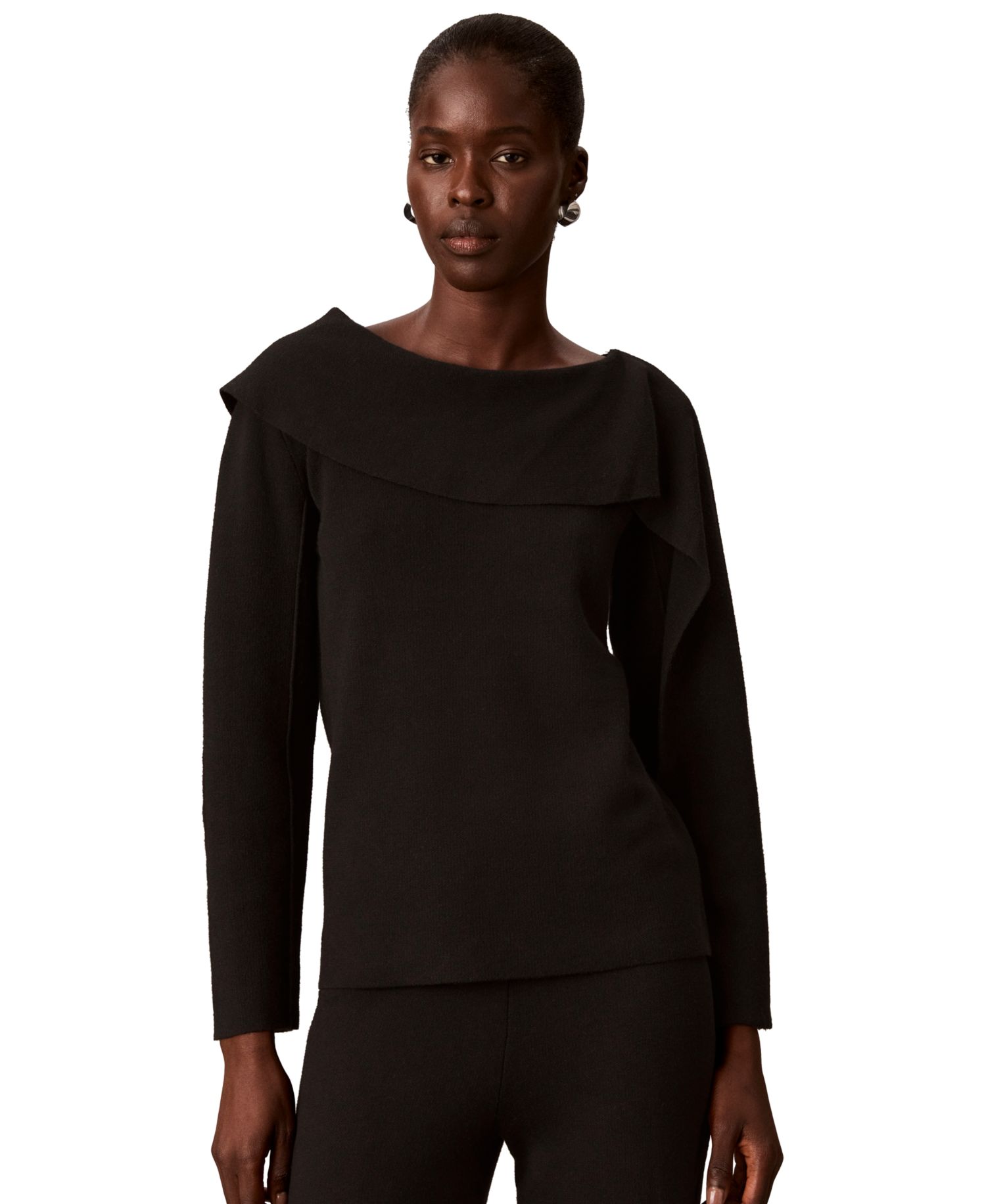 Petite Asymmetrical Drape Boat Neck Long-Sleeve Sweater