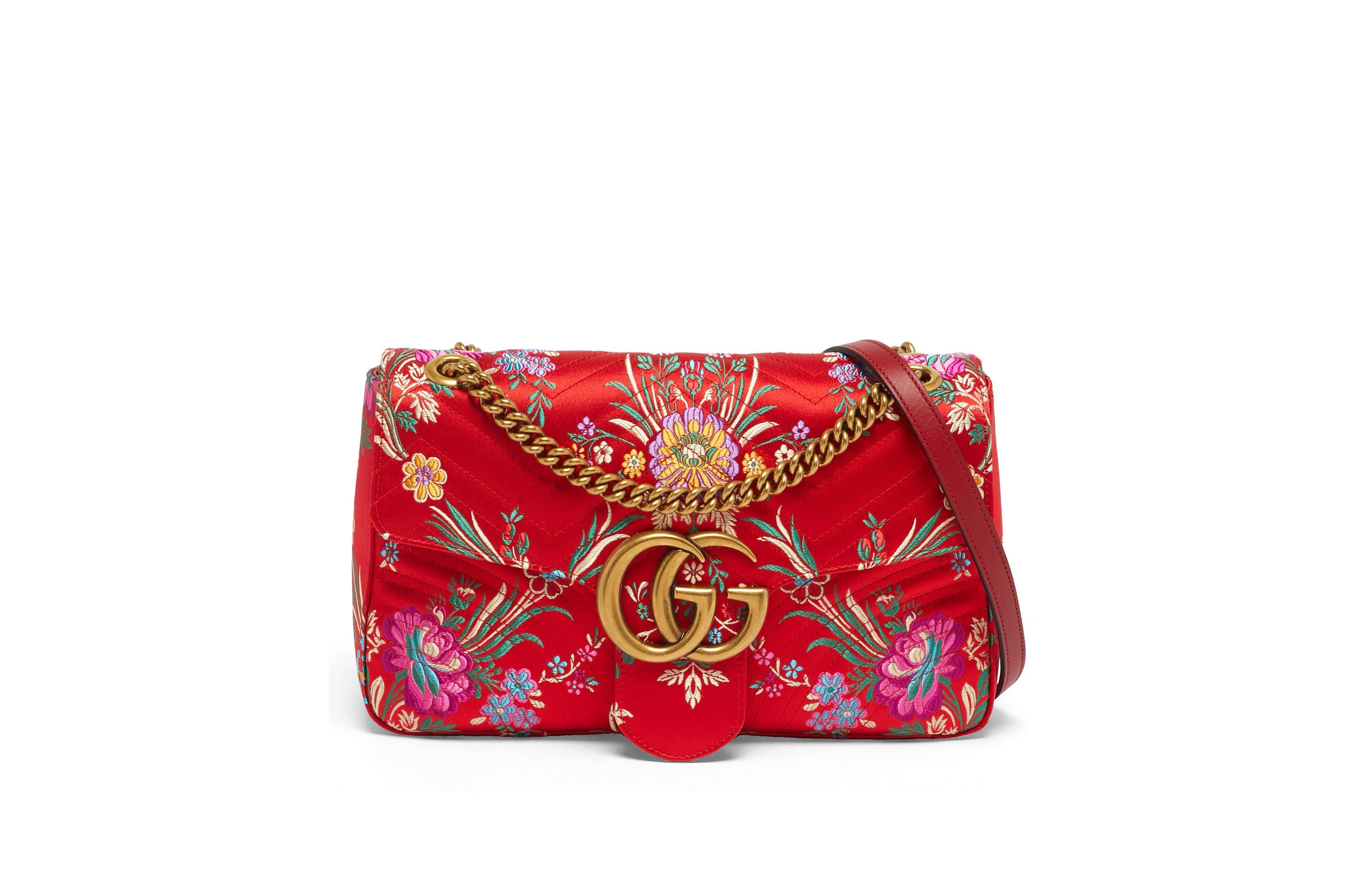 Pre-Owned Gucci Women's Gg Marmont Medium Embroidered Satin Shoulder Bag