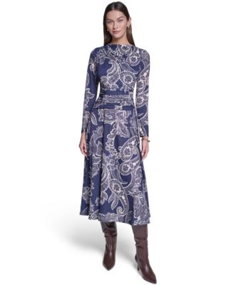 Women's Long-Sleeve Paisley-Print A-Line Midi Dress