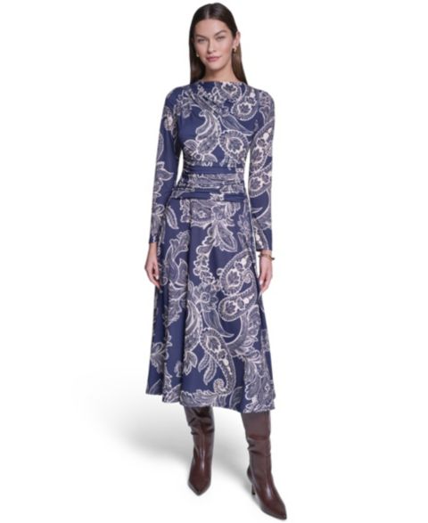 Женское платье Halston Long-Sleeve Paisley-Print A-Line Midi, цвет: Тёмно-синий разноцветный