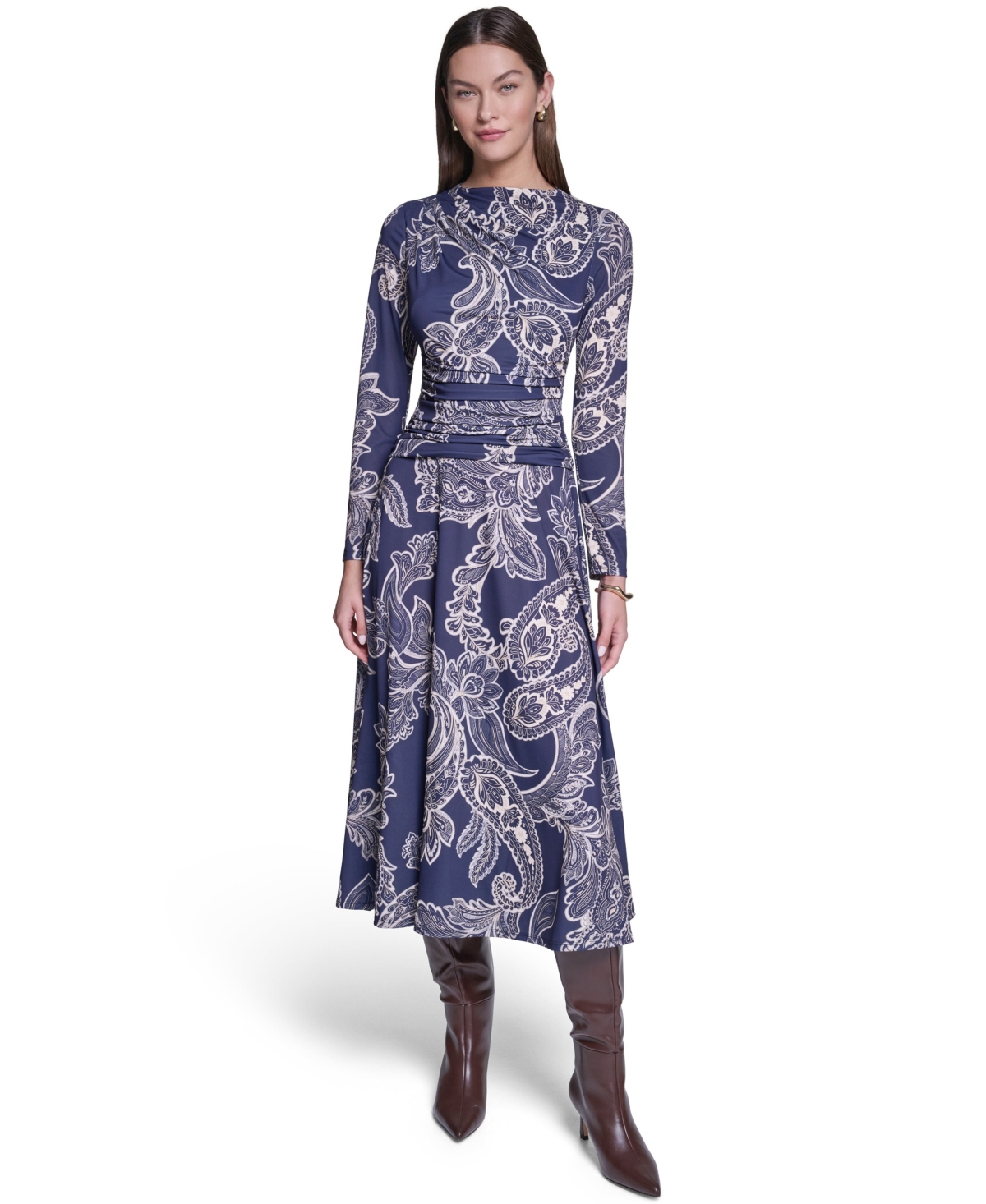 Halston Women's Long-Sleeve Paisley-Print A-Line Midi Dress - Navy Multi