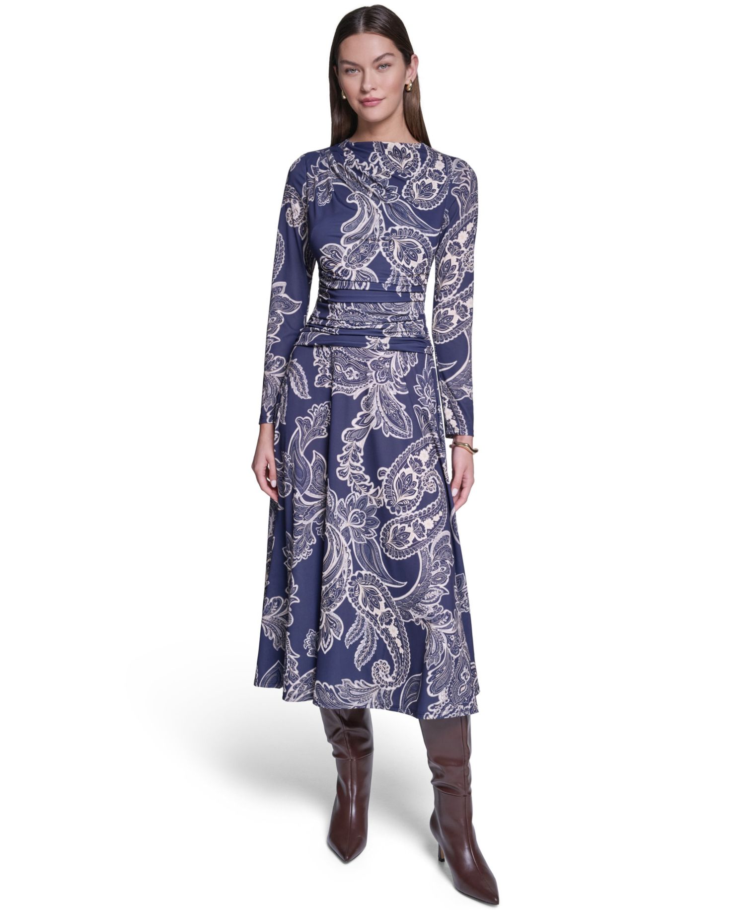 Women's Long-Sleeve Paisley-Print A-Line Midi Dress