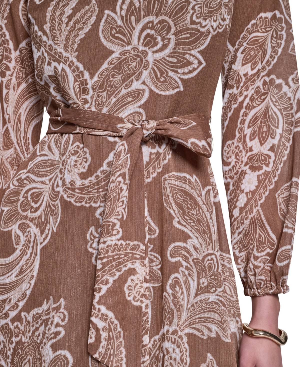 Halston Women's Paisley-Printed Long-Sleeve Chiffon Midi Dress