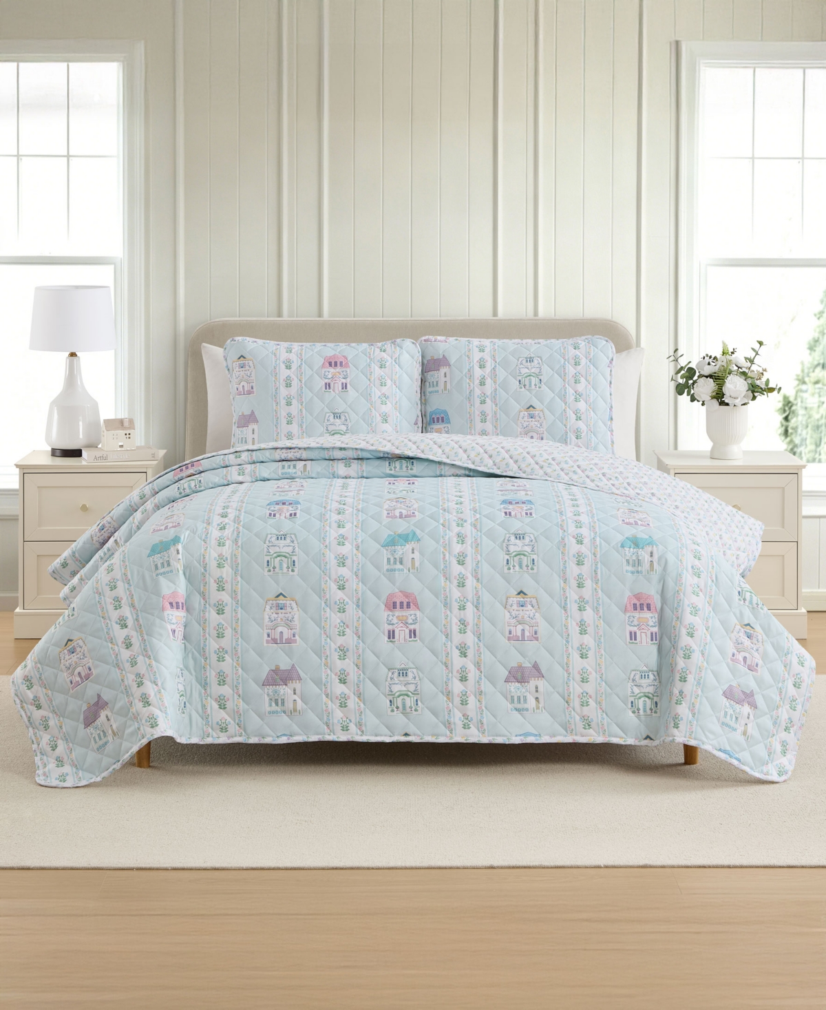 Lenox Spice Village Reversible 3-piece Quilt Set, Full/queen In Light Blue