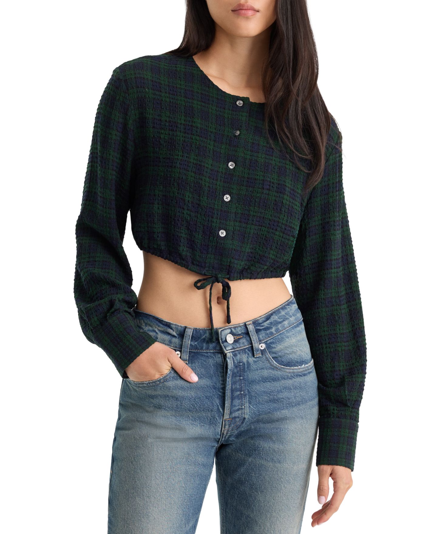 Женская блузка Good American Crinkle Cinched Plaid Long-Sleeve, цвет: Тёмно-зелёный клетчатый — фото 4