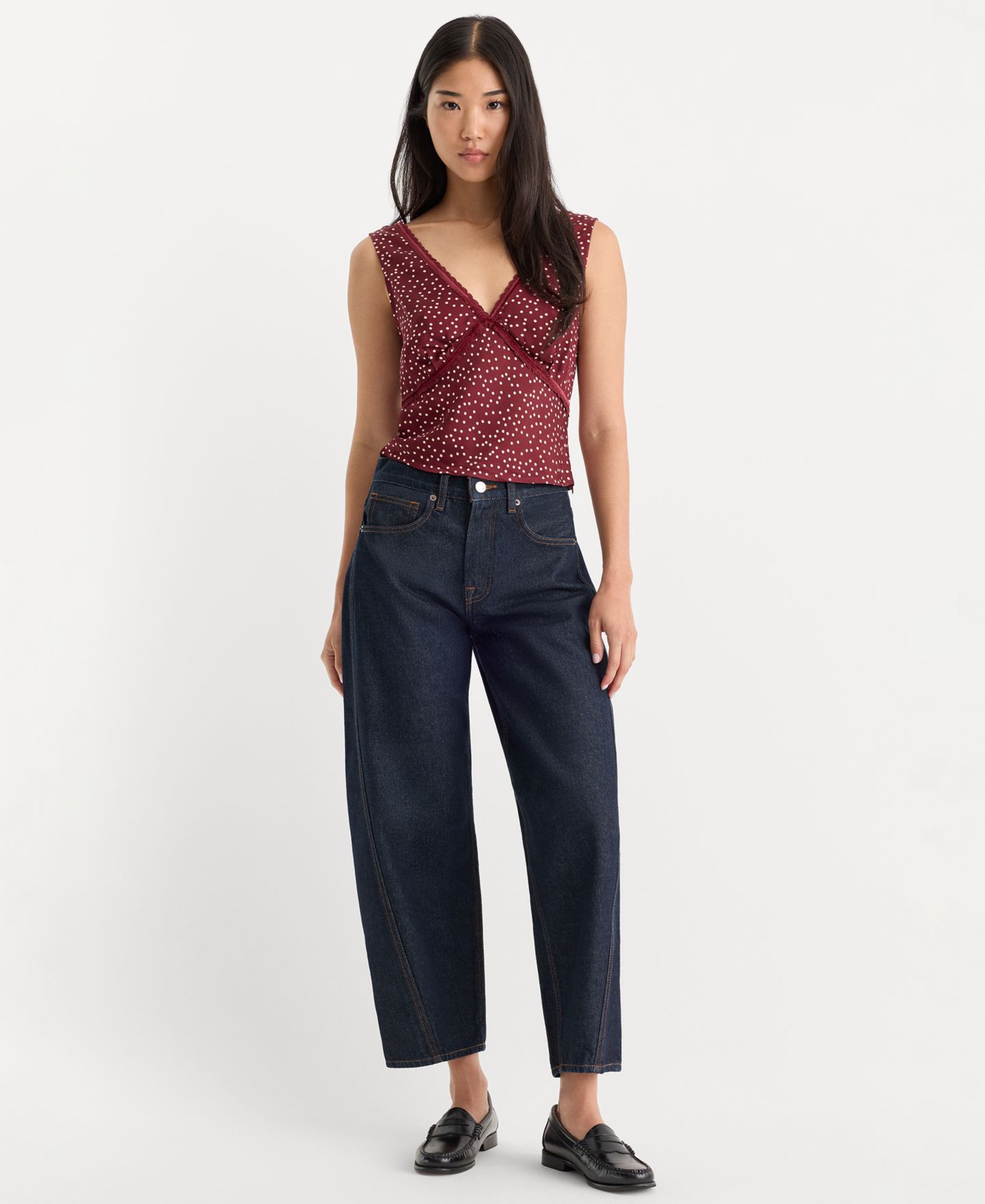 Женский топ Good American Polka-Dot Lace-Trim Sleeveless, цвет: Ягодный чёрный с принтом — фото 2