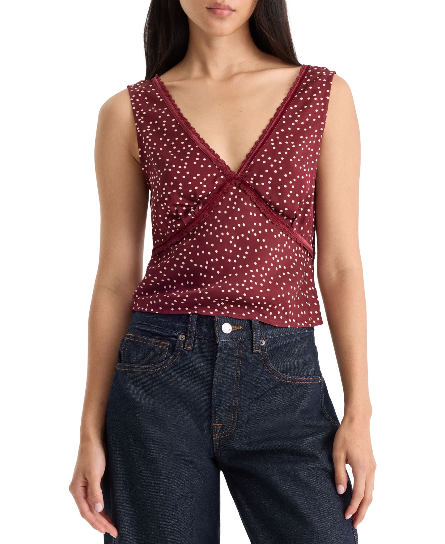 Женский топ Good American Polka-Dot Lace-Trim Sleeveless, цвет: Ягодный чёрный с принтом — фото 4