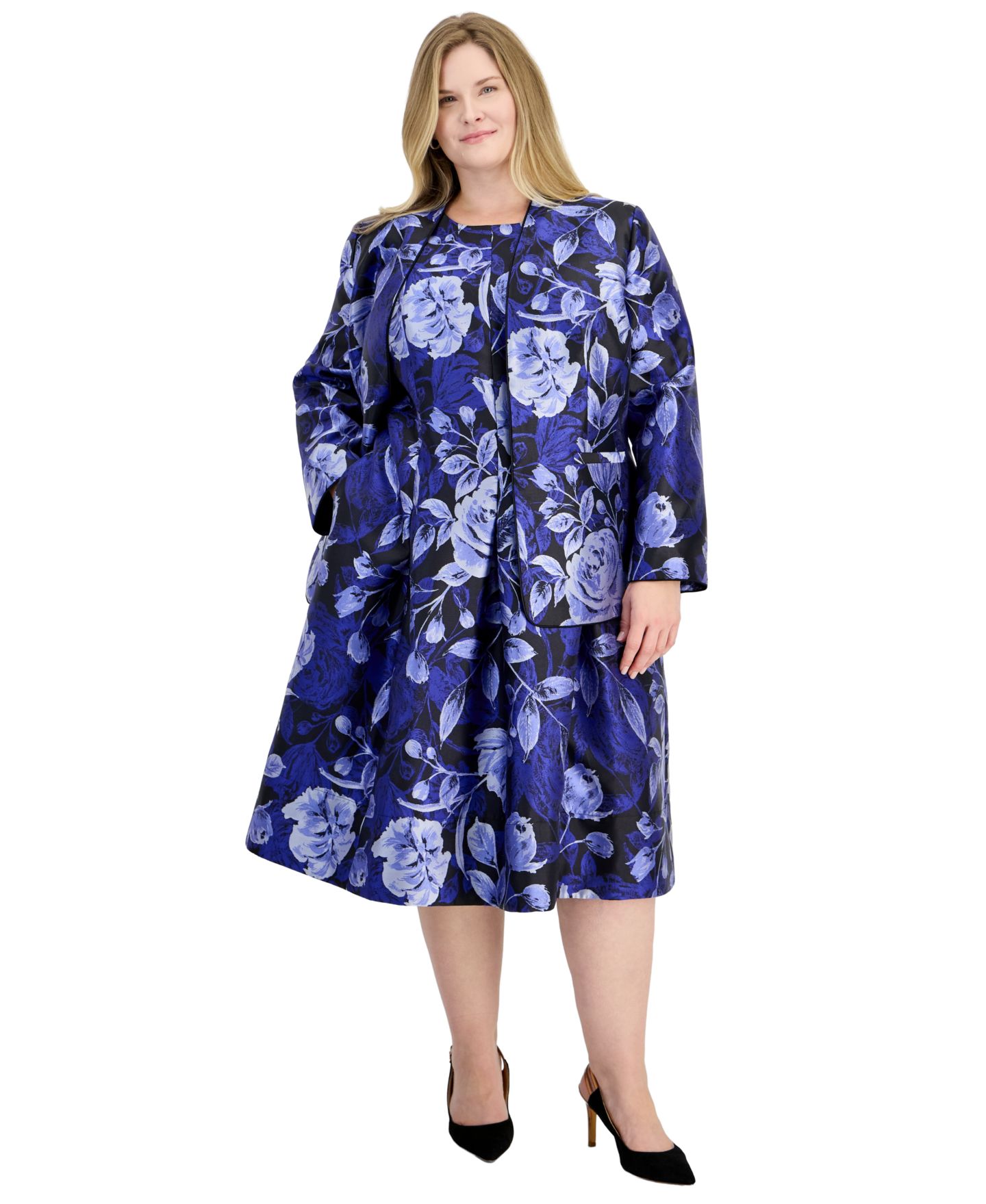 Женская куртка Kasper Plus Size Kissing Front Floral-Print Collarless, цвет: Королевский синий разноцветный — фото 3
