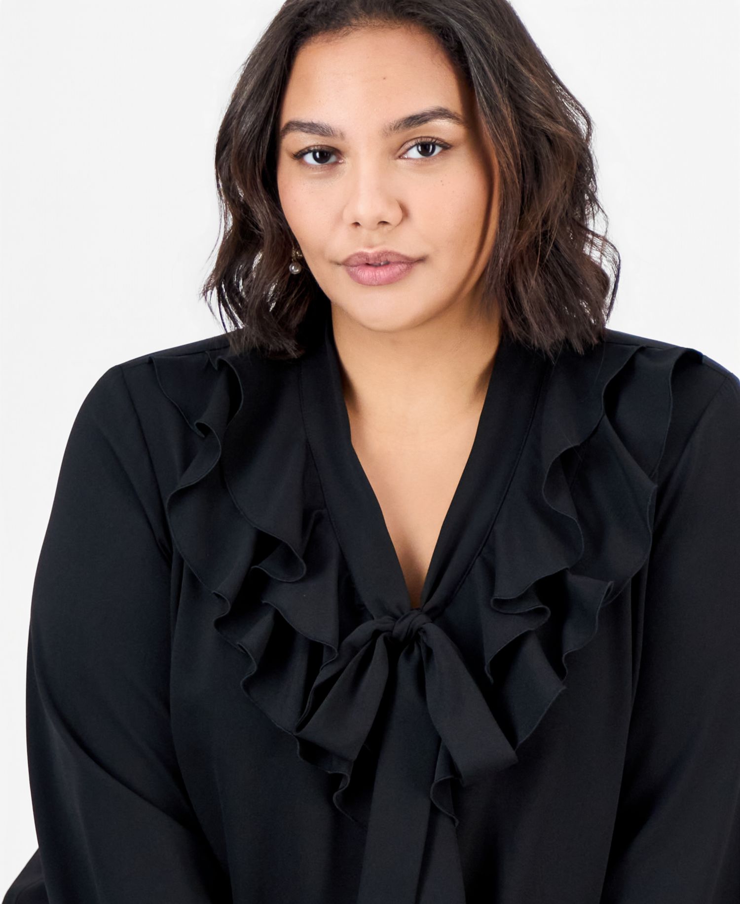 Plus Size Long-Sleeve Ruffle Front Blouse with Bow