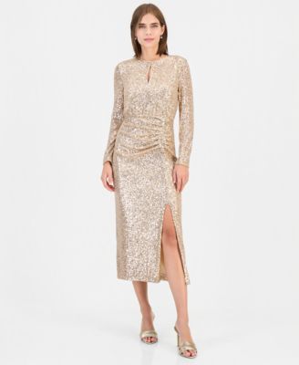Women's Long-Sleeve Keyhole Sequin Midi Dress