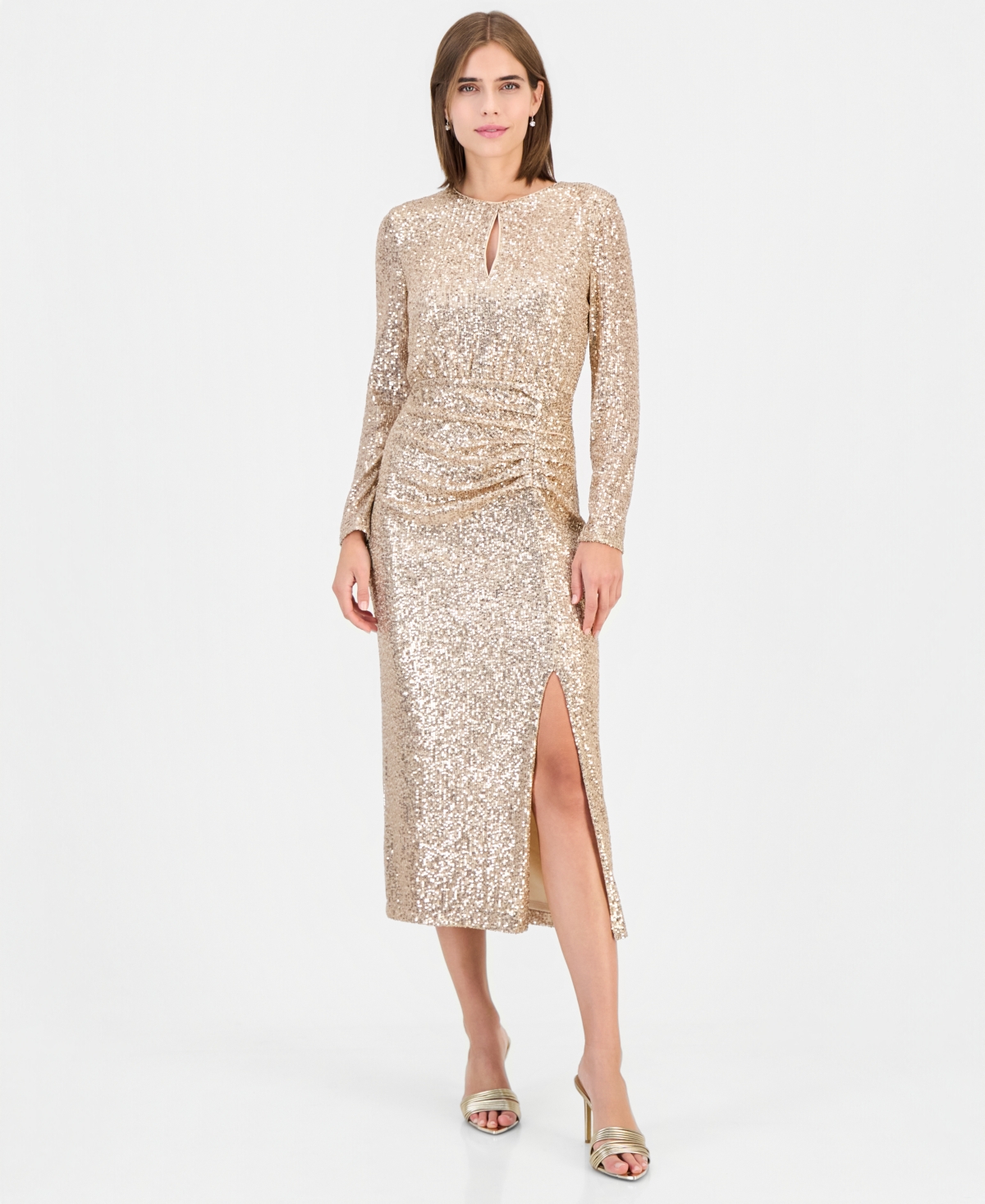 Anne Klein Women's Long-Sleeve Keyhole Sequin Midi Dress