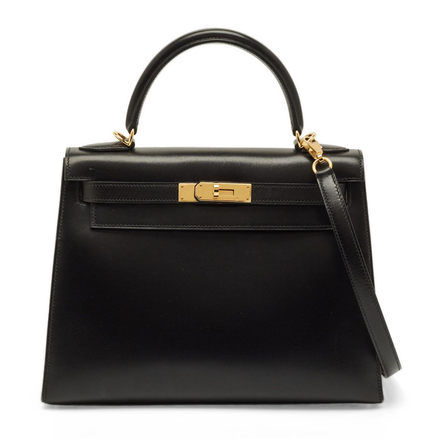 Pre-Owned HERMES Kelly Sellier Finish Noir Box Leather Top Handle Bag