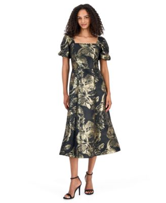 Women's Square Neck Puff Sleeve Floral-Print Midi Dress
