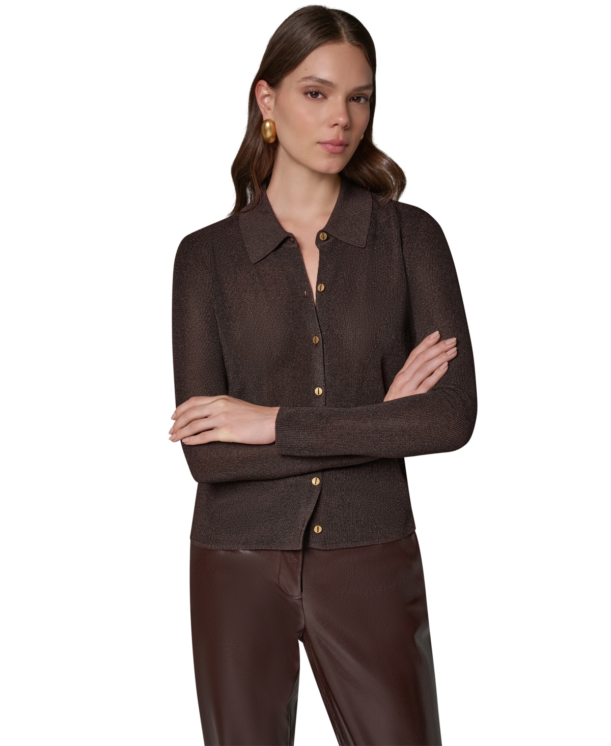 Donna Karan New York Women's DK920 Long-Sleeve Fitted Polo Shirt