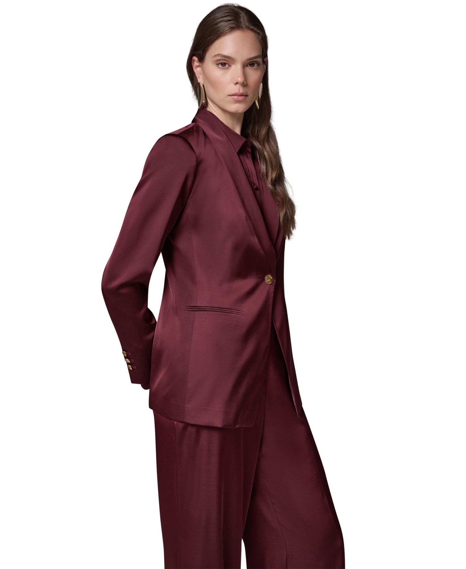 Petite Satin Shawl Lapel Shoulder-Padded Blazer