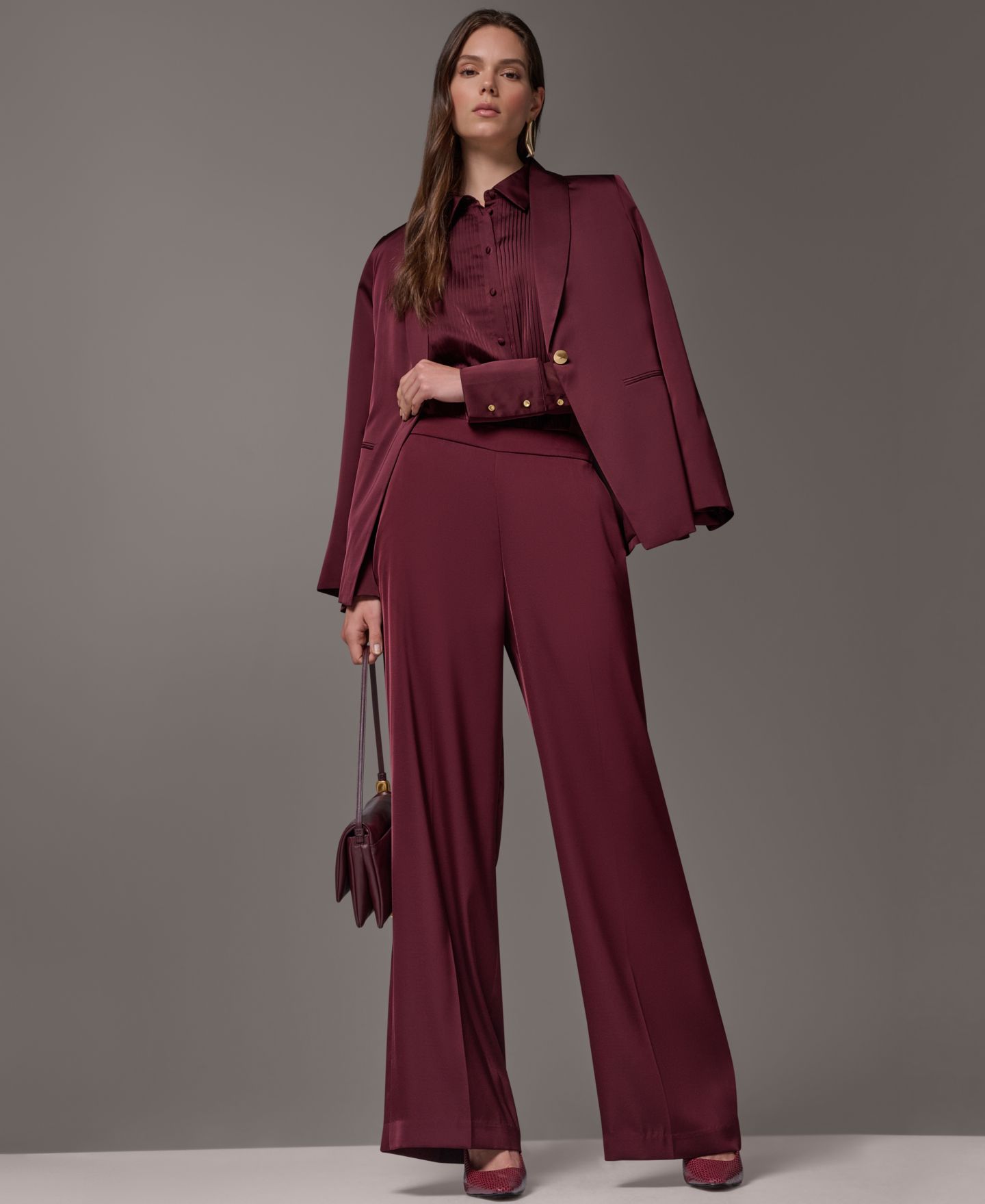 Женский пиджак Donna Karan New York Satin Shawl Lapel Shoulder-Padded Blazer, цвет: Чёрный вишнёвый — фото 13