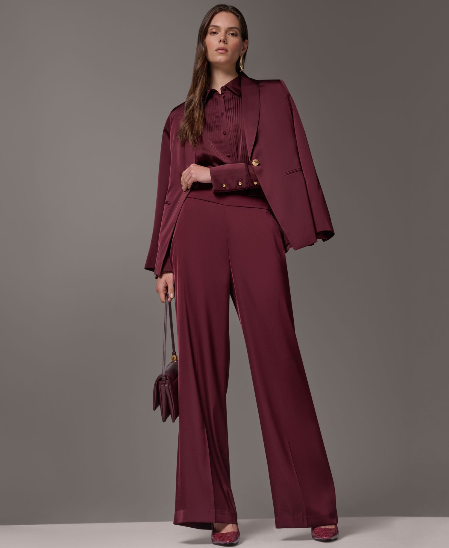Petite Satin Shawl Lapel Shoulder-Padded Blazer