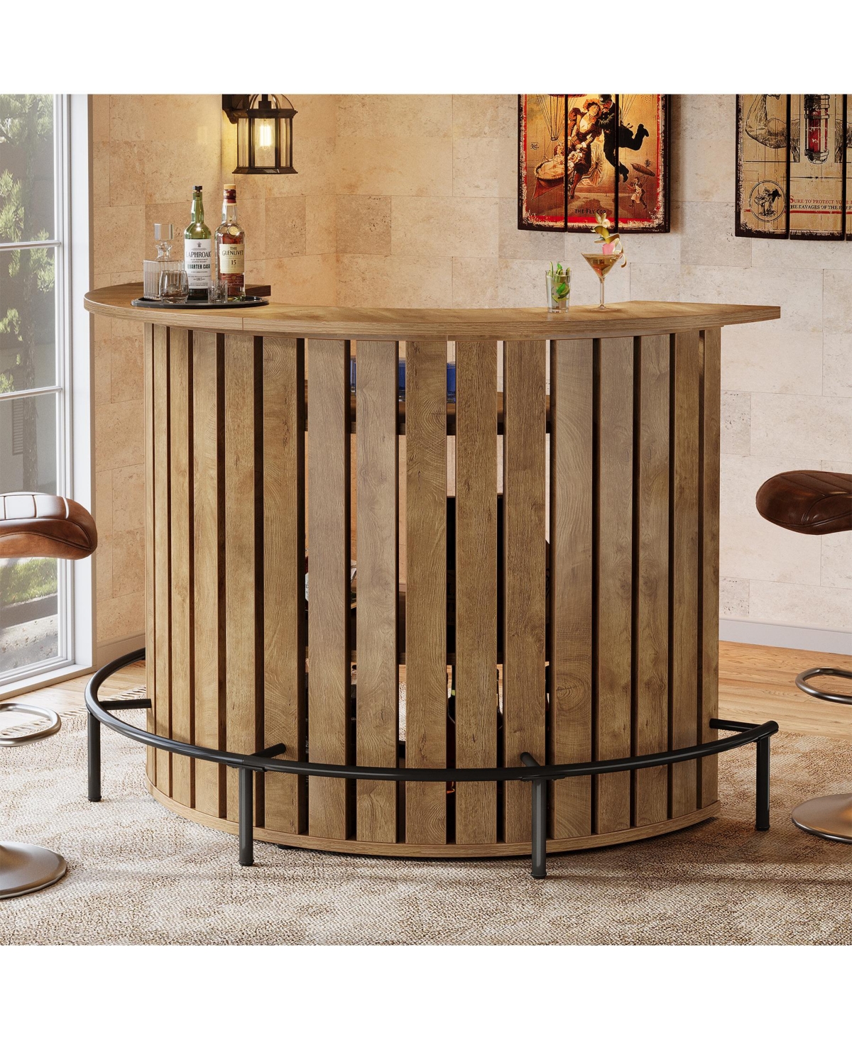 Tribesigns 4-Tier Bar Table, 39.4" H Home Bar Unit with Footrest, Arc-Shaped Mini Bar Table, Modern Wine Bar Cabinet - Light brown