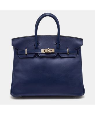 Pre-Owned HERMES Women's Birkin 25 Finish Bleu Saphir Swift Leather Tote