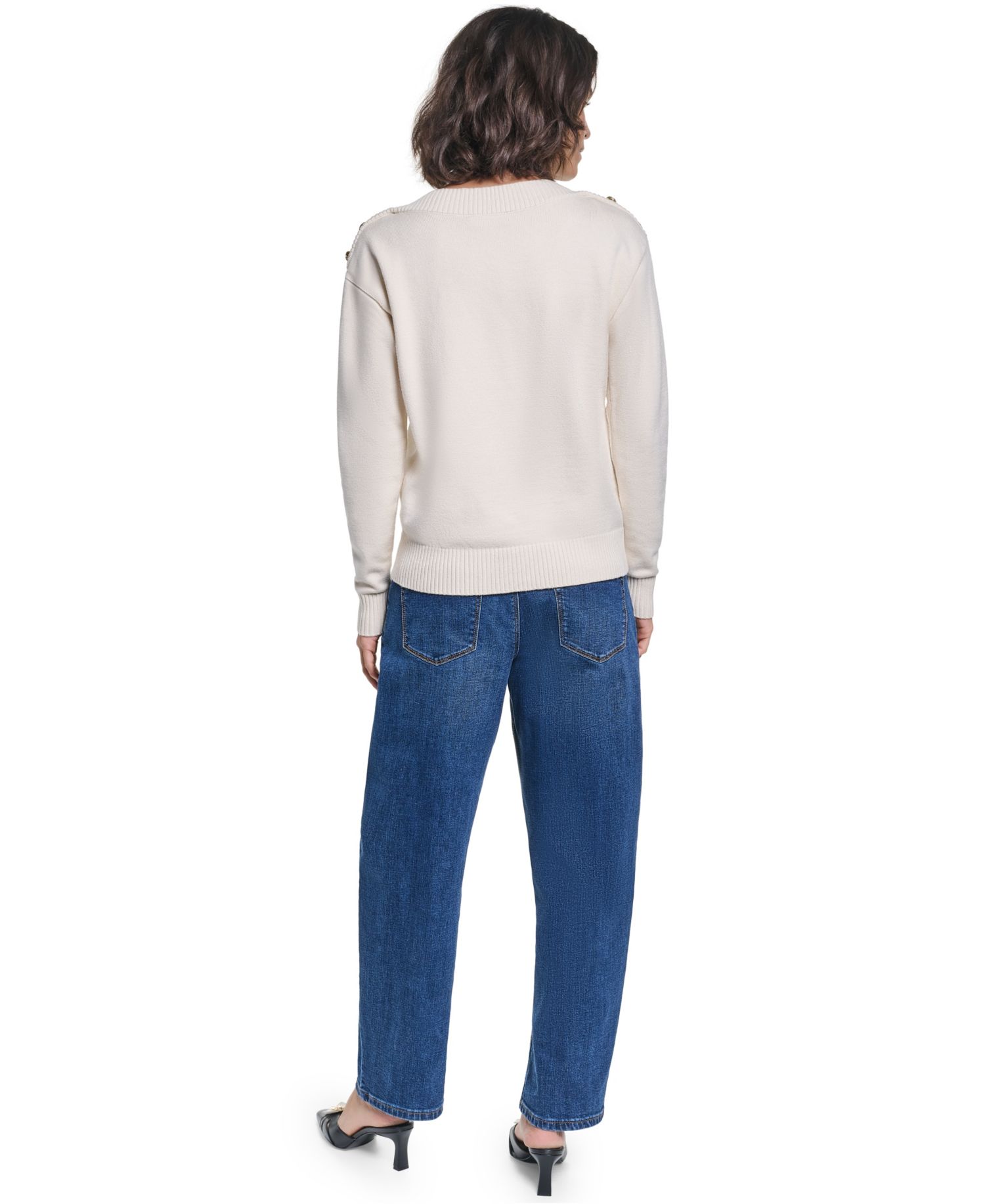 Women's Button Shoulder Boat Neck Long-Sleeve Sweater