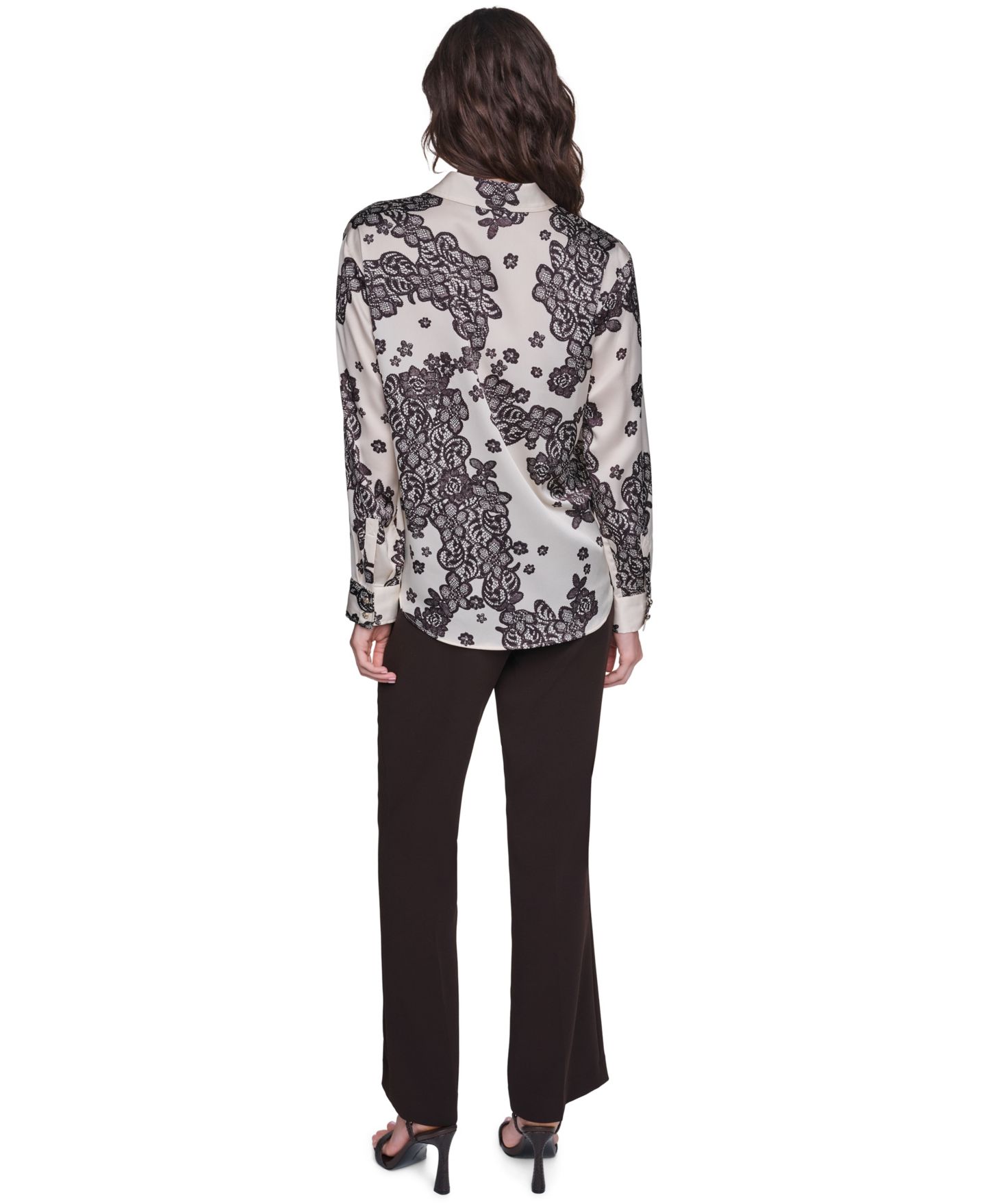 Женская блузка KARL LAGERFELD PARIS Long-Sleeve Printed Collared Blouse, цвет: Берёзовый / Шоколадный — фото 5