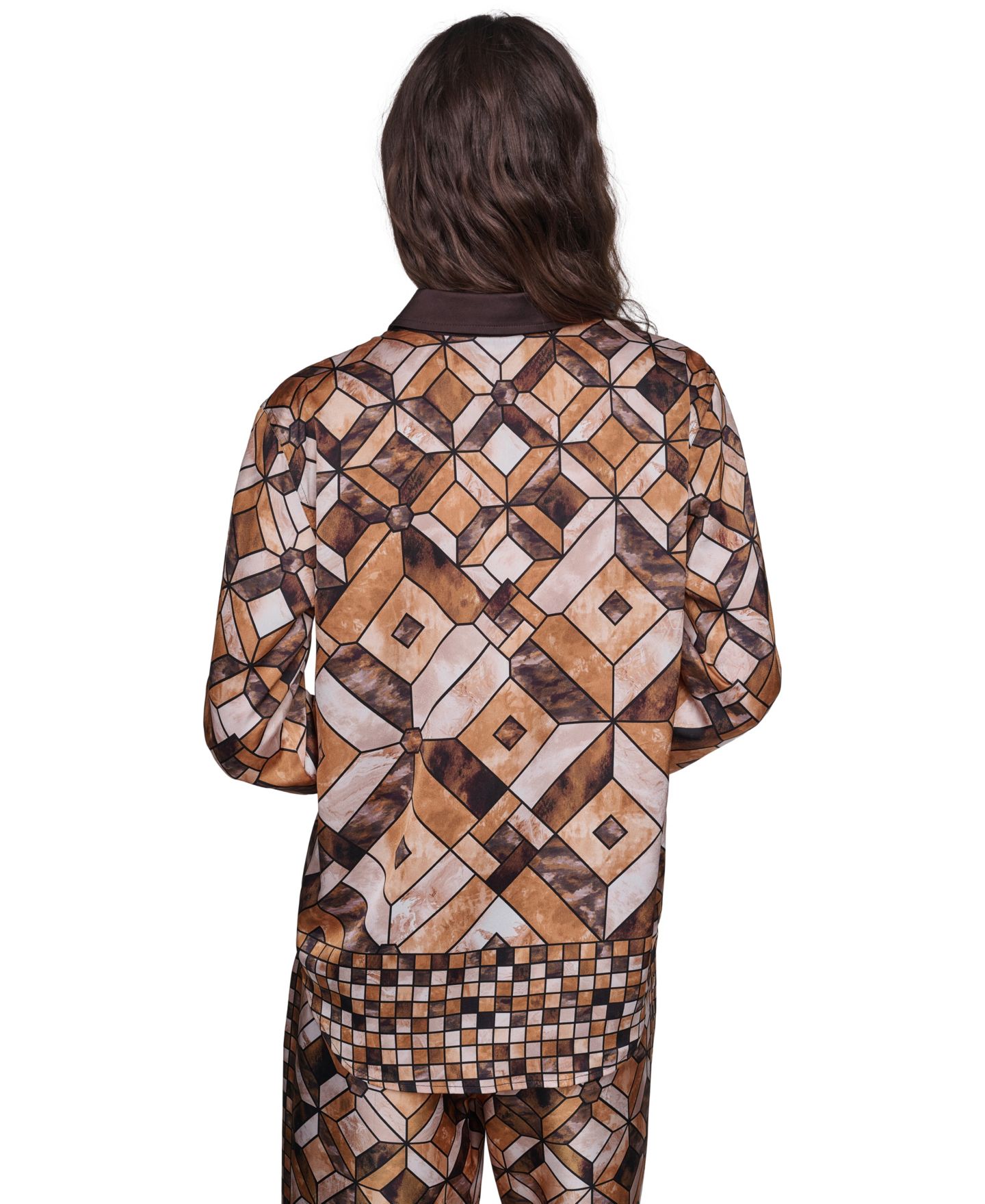 Женская блузка KARL LAGERFELD PARIS Long-Sleeve Collared Geometric Blouse, цвет: Сепия комбинированный — фото 4