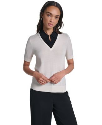 Women's Merino Wool-Blend Short-Sleeve V-Neck Sweater