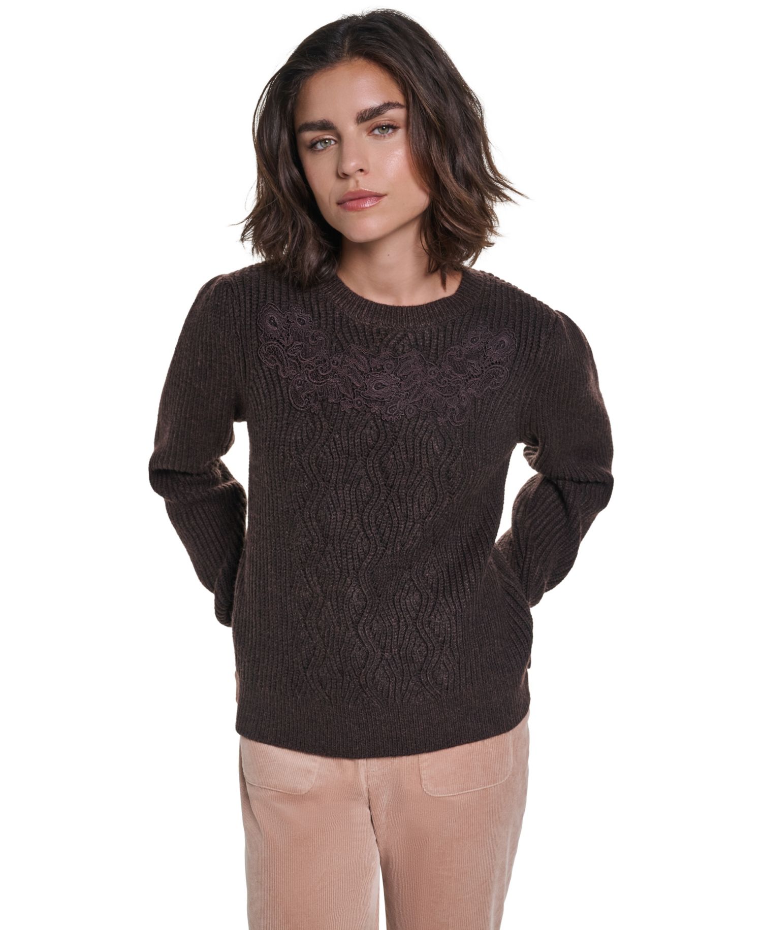 Women's Cable-Knit Floral Lace Applique Sweater