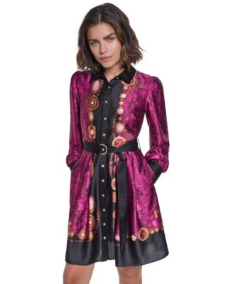Women's B.F. Collared Long-Sleeve Belted Shirt Dress