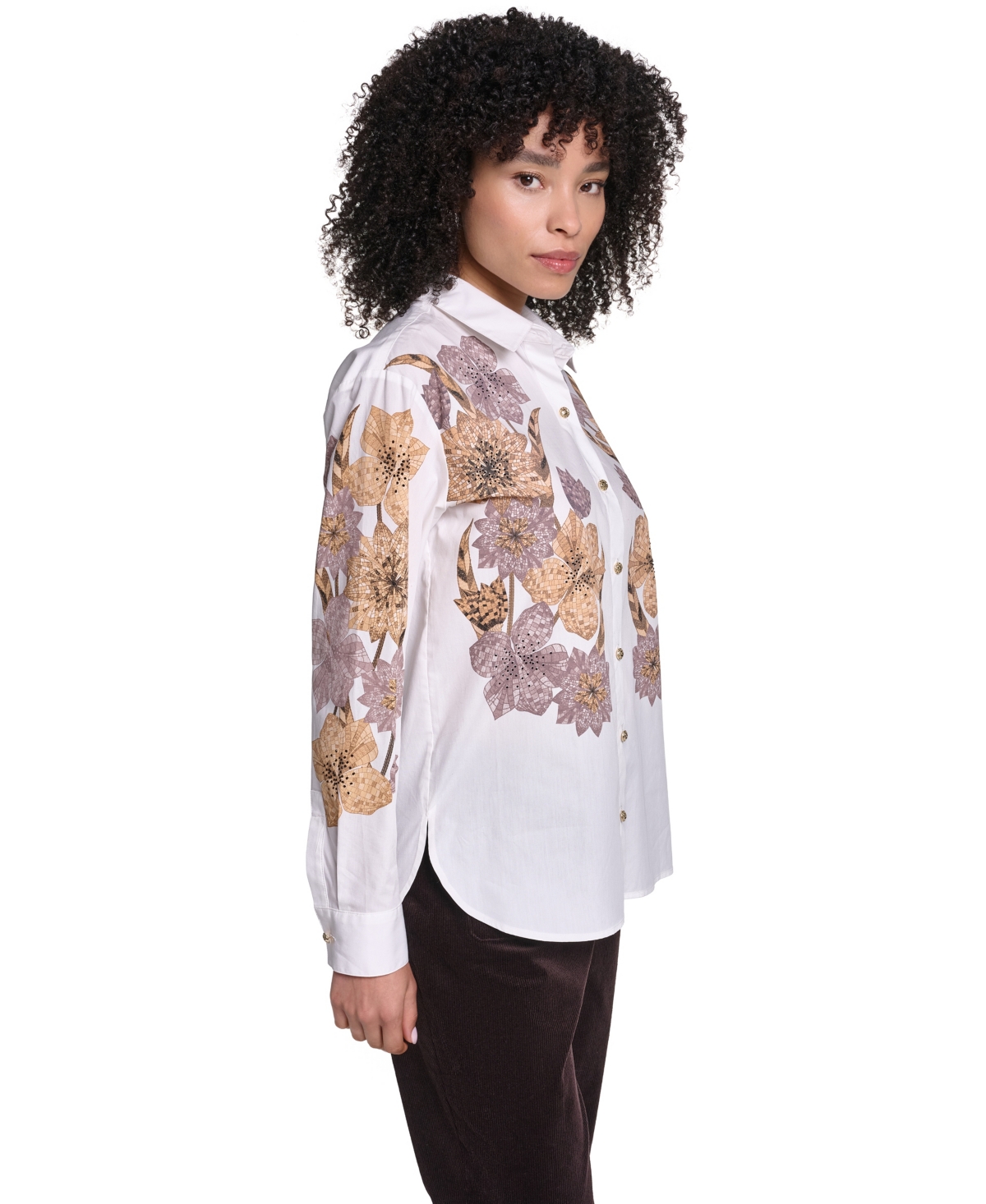 Karl Lagerfeld Paris Women's Floral-Print Long-Sleeve Hotfix Rhinestone Blouse