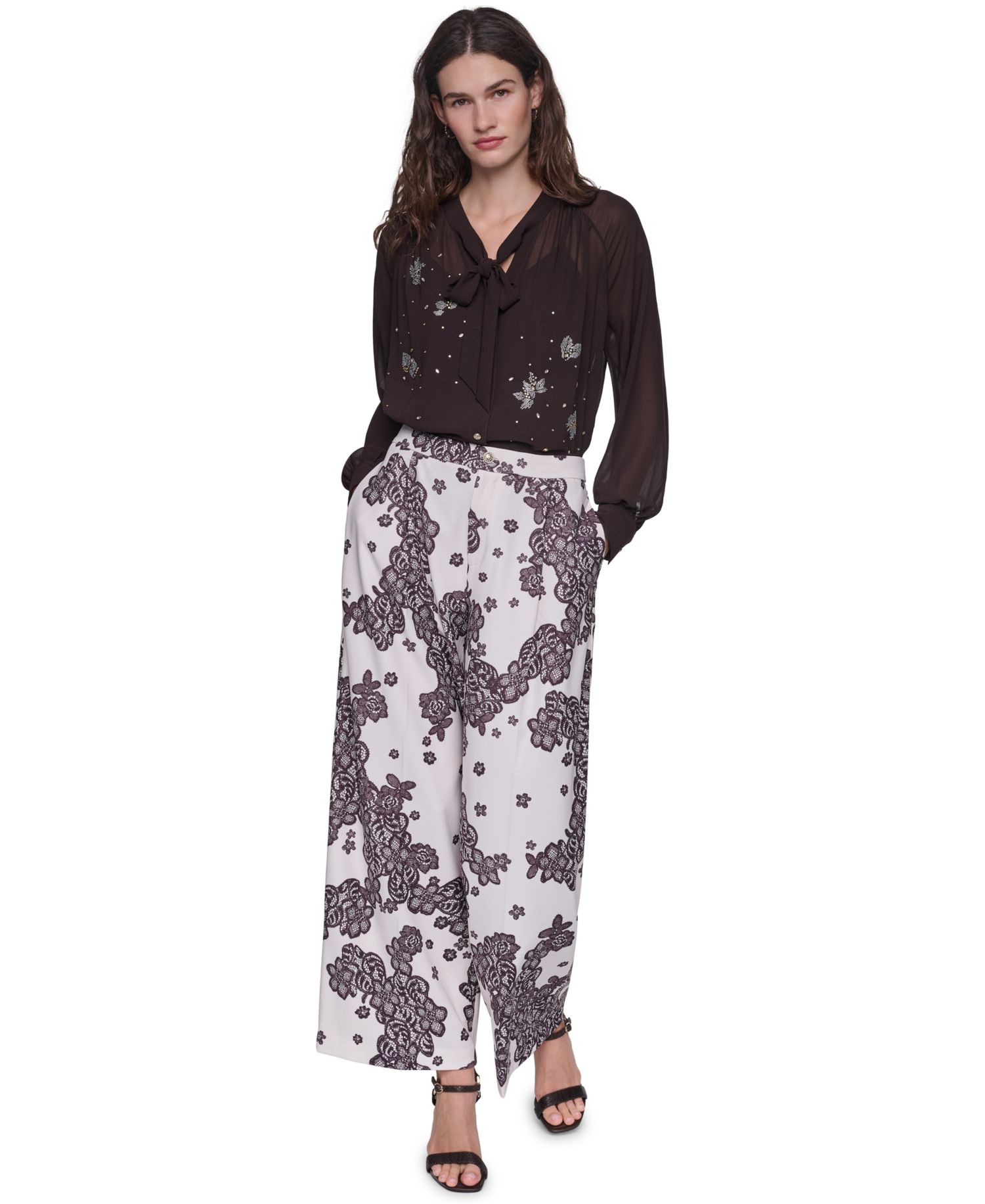 Women's Floral-Print Lace Wide-Leg Blazer and Pants, 2-Piece Set
