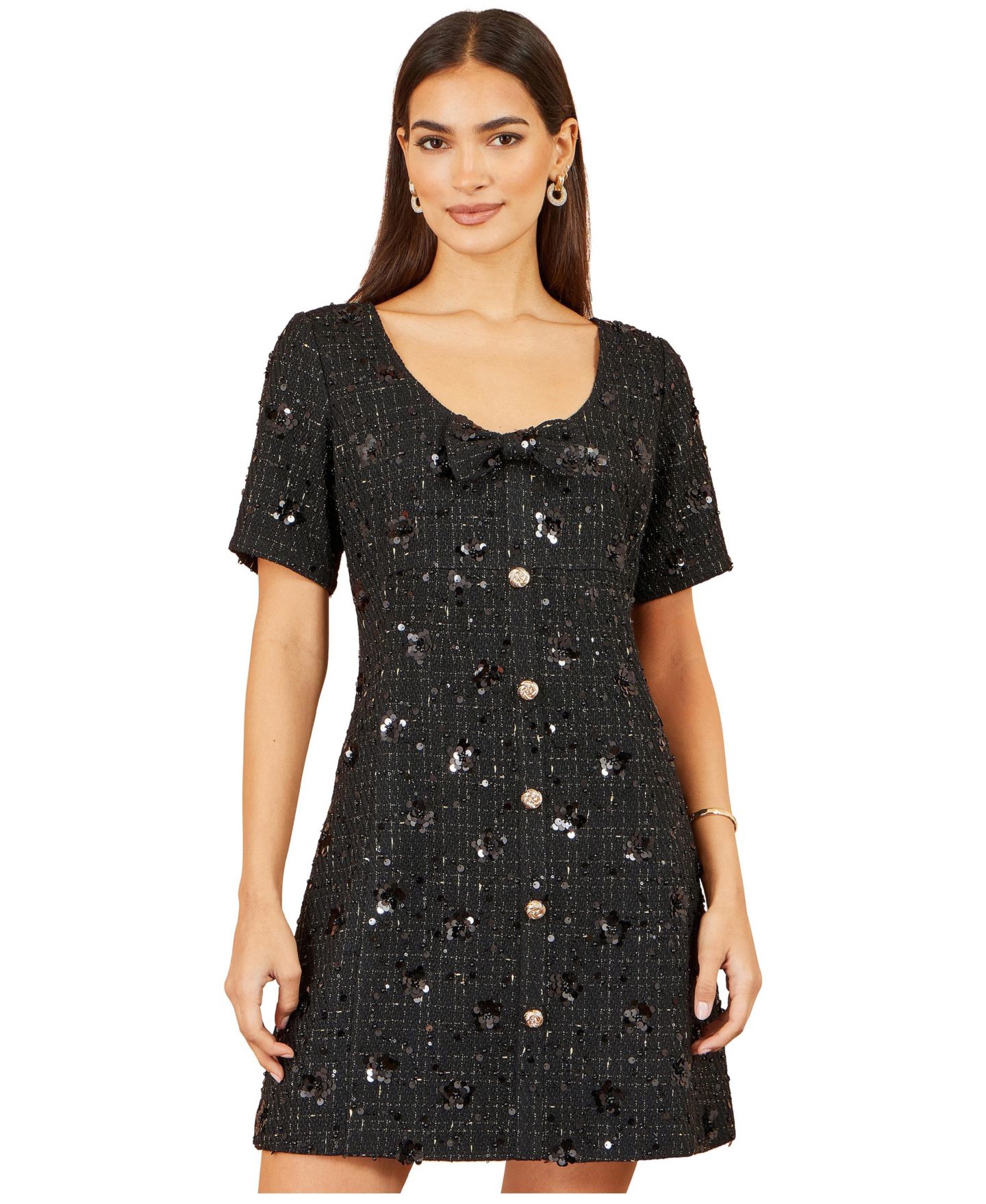 Женское платье Yumi Boucle Bow Sequin Fit-and-Flare Scoop Neck Mini, цвет: Чёрный — фото 2