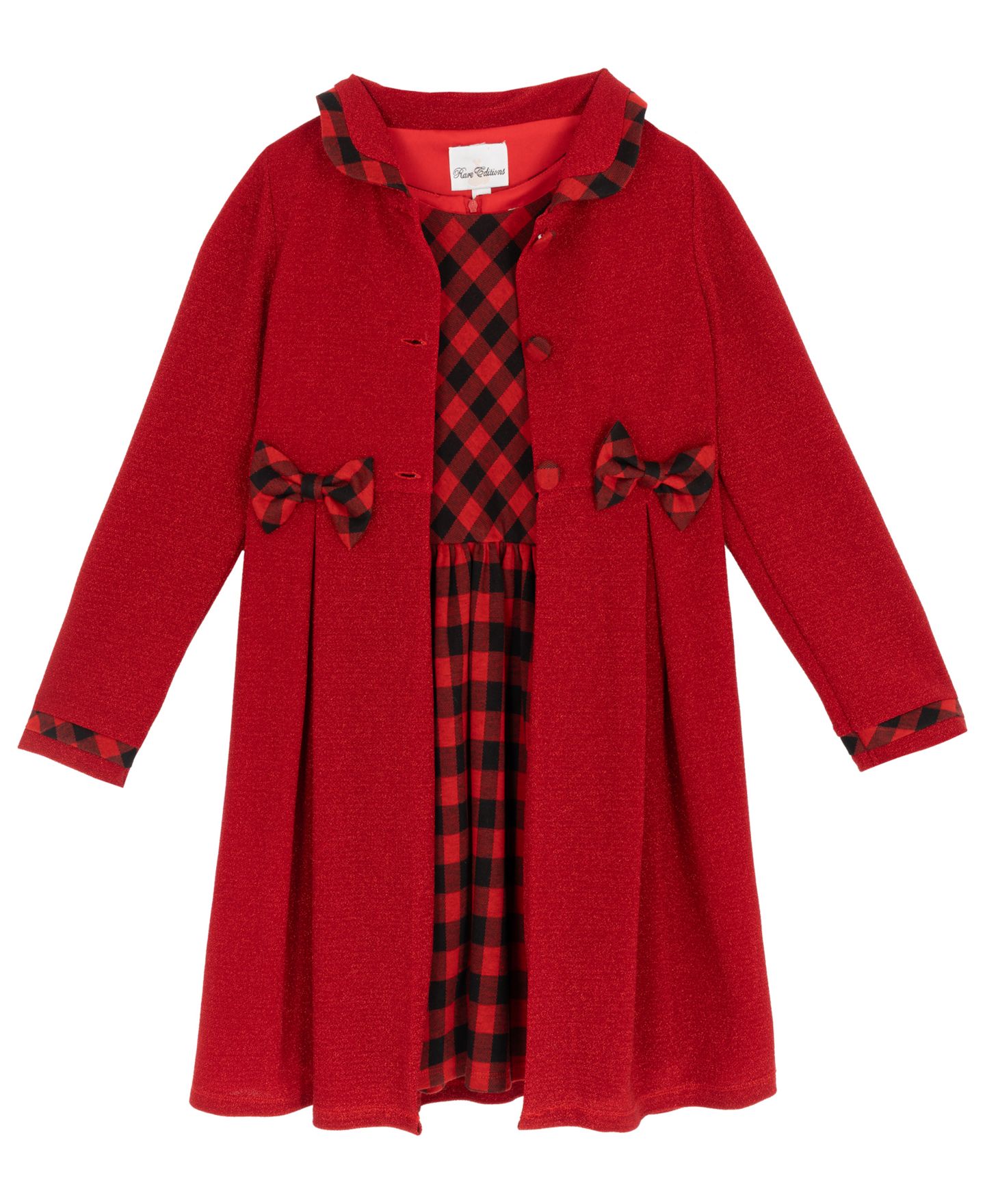 Rare Editions Girls' 7-16 Lurex-Knit Buffalo-Check Bow Coat and Dress, 2-Piece Set, цвет: Красный — фото 5